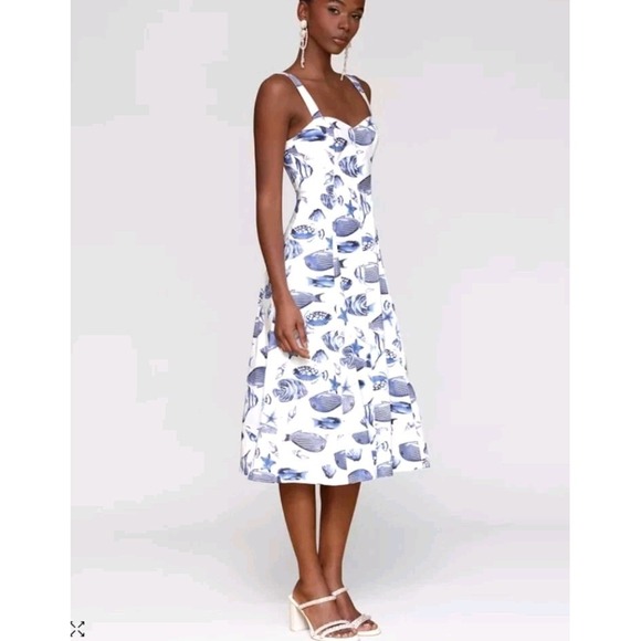 Avec Les Filles Blue Marin Print Fit & Flare Sleeveless Midi Dress Womens 10 NWT - Picture 2 of 13
